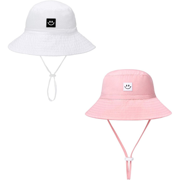 Baby Solhatt Leende Ansikte Småbarn UPF 50+ Solskyddande Hinkhatt Fin Strandhatt för Baby Flicka Pojke Justerbar Mössa White+pink 06 Months