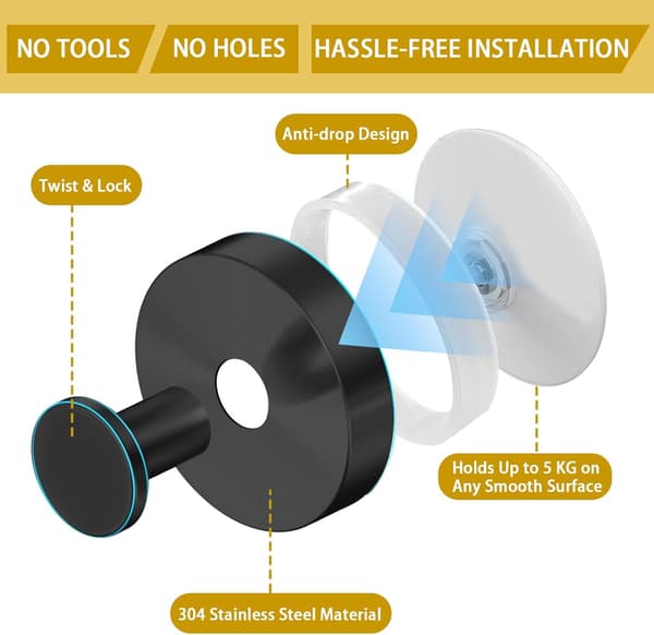 4 Pieces Bathroom Suction Cup Hooks, 5 kg Load, Reusable Suction Cup Towel Holders, Drill-Free Wall Hooks, Strong Hook