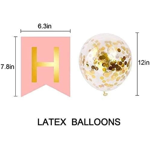 Grattis på födelsedagen-banderoll med 5 guldkonfetti-ballonger i latex, perfekt för födelsedagsfestdekorationer (rosa) Rose Gold