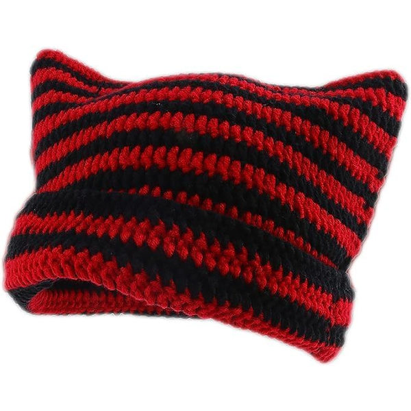 Dam Cat Beanie Stickade Hattar Med Öron Stickade Randiga Vinter Varma Slouchy Elastisk Mössa För Flickor Vuxna Barn Black, red One size
