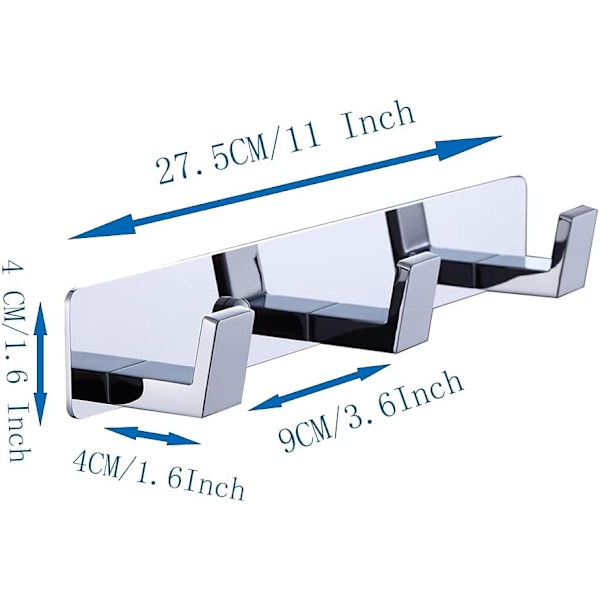Krog til vægmontering, skrue, rævefarvede dørkroge, krom, frakke- og kåbestativ til badeværelse eller køkken 410-3 Chrome Square 3 chrome coat hook