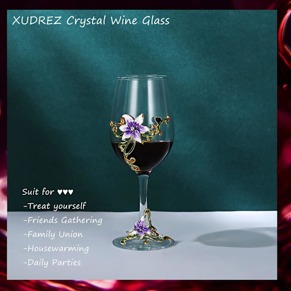 Håndmalede emaljerede blomster blyfri vinglas, 320 ml/10,8 OZ røde/hvide krystalvinglas (lilla bægerlilje) Purple Cup Lily