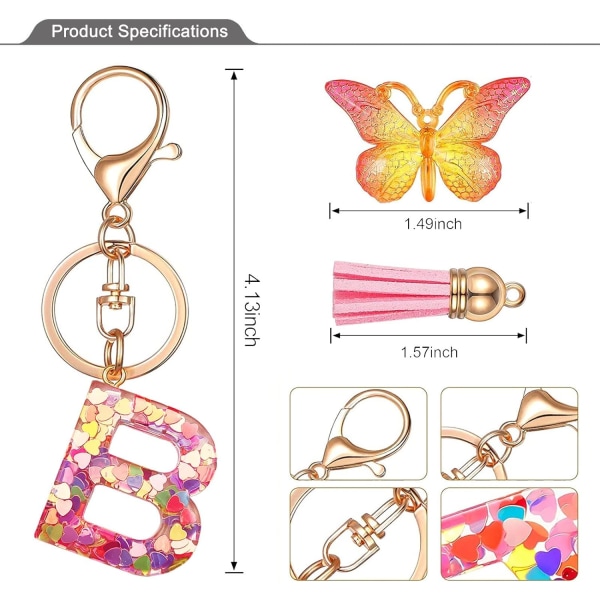 Nyckelringar i form av initialer för kvinnor Tassel Butterfly Pink Purple Cute Car Keyring för plånbok Handväskor Ryggsäck A-Z Pink B