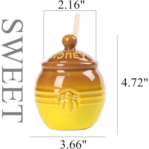 Honningkrukke i porcelæn，keramisk honningkrukke med trædunk og låg, lille porcelænshonningkrukke，8,8 Oz gul honningkrukke Bi-præget honningopbevaring Indeholder White,yellow