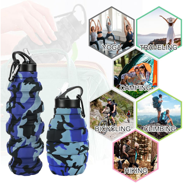 18 oz Sammenklappelig Rejseflaske, Genanvendelig Silikon Sammenklappelig Vandflaske til Skole, Kontor, Fitnesscenter, Camping, Vandreture, Bærbar Lækagesikker Sportsflaske Naval Camouflage
