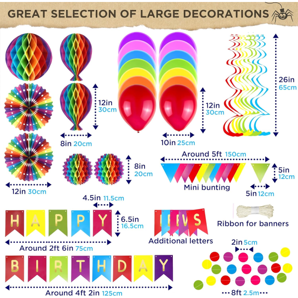 Ensiluokkaiset uudelleenkäytettävät syntymäpäiväjuhlien koristeet - Syntymäpäiväkoristesetti - Juhlatarvikkeet - Hyvää syntymäpäivää -banneri, syntymäpäiväviiri, hunajakenno Multicoloured + Balloons