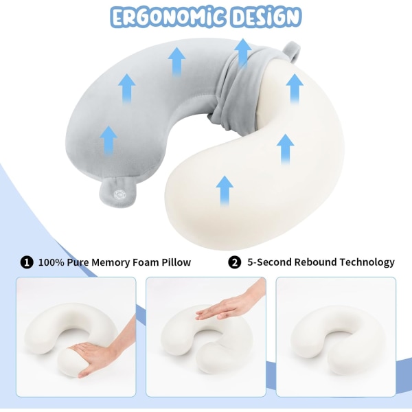 Reisepute Nakkepute Memory Foam Reiseputer Hodepute Støttepute for Fly Tog Bil Kontor Reise Essensielle Flyputer for en Lo Grey One Size