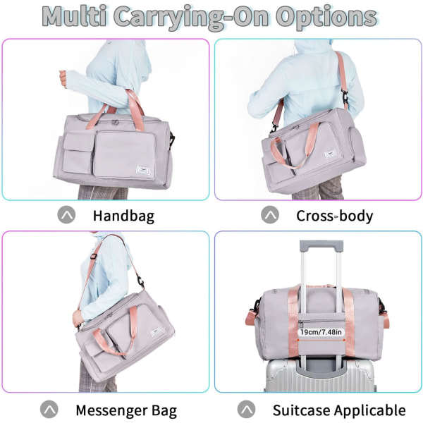 Sportväska för kvinnor och män, gymväska med skofack, weekendväska, övernattningsväska för kvinnor, hopfällbar, vattenavvisande, för sjukhus Grey&pink (With Toiletry Bag)
