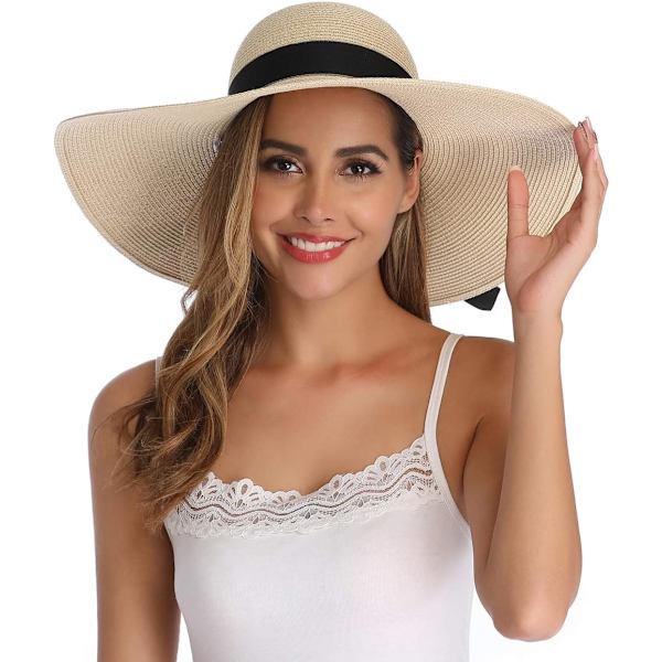 Damhatt i Halm med Bred Brätte, Vikbar, Rullbar, Strandhatt, Solhatt, UPF 50+ Bowknotbeige