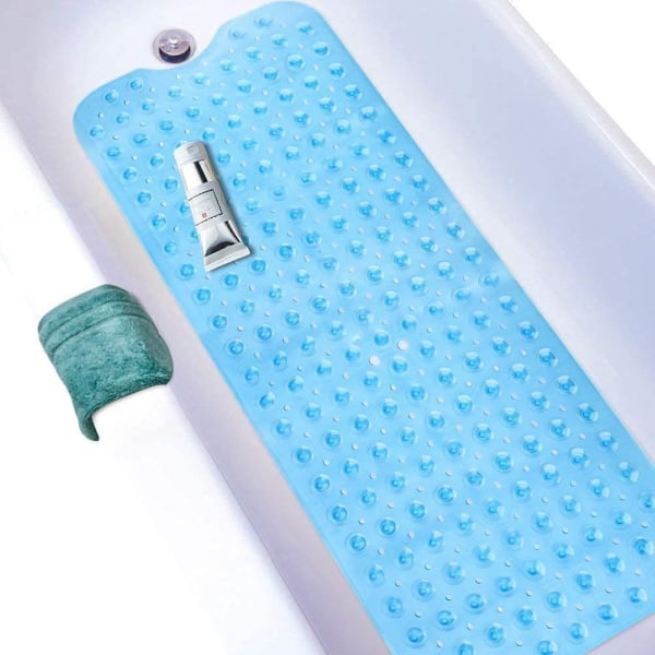 Ekstra lange badematter,dusjmatter Muggbestandige, sklisikre rullesteinbadekarmatter med sugekopp for bad, maskinvaskbar, 100 x 40 cm, blå