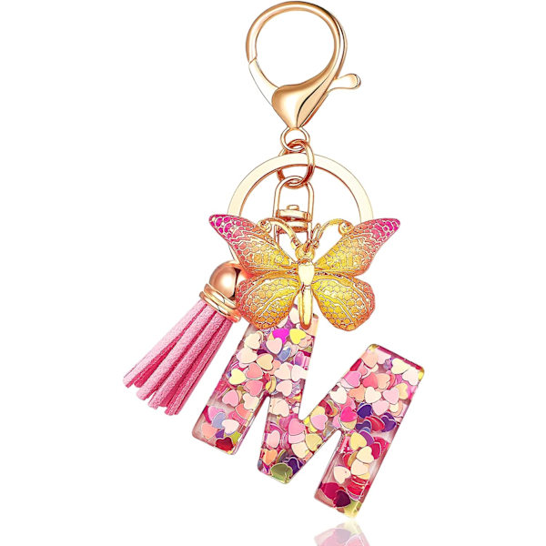 Nyckelringar i form av initialer för kvinnor Tassel Butterfly Pink Purple Cute Car Keyring för plånbok Handväskor Ryggsäck A-Z Pink M