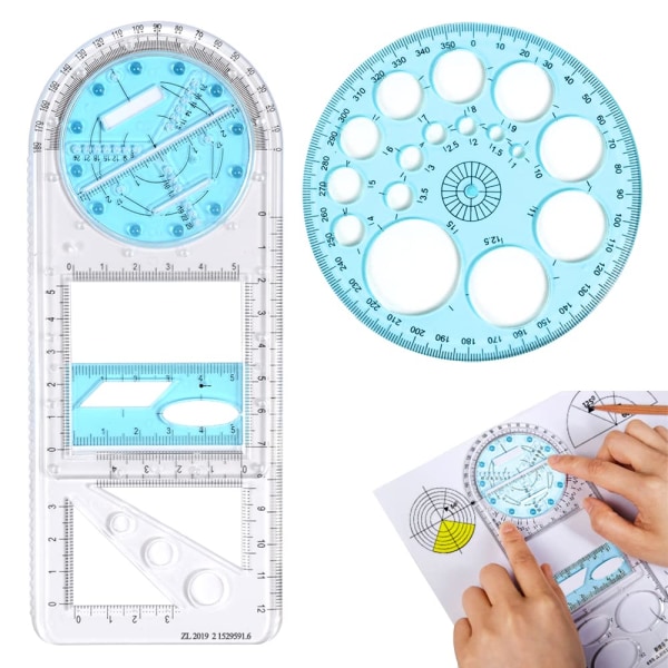 2 stk Multifunksjonelle geometriske linjaler Matematikk tegnelinjal Geometrisk tegnemal Verktøy for måling med 360 graders vinkelmåler for student