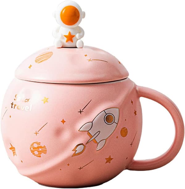 Cute Ceramic Mug with Lid and Spoon Astronaut Cup Embossed Planet Mug, Coffee or Tea Mug, Milk (Pink)