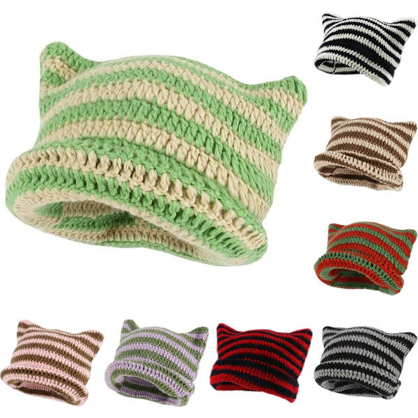 Dam Cat Beanie Stickade Hattar Med Öron Stickade Randiga Vinter Varma Slouchy Elastisk Mössa För Flickor Vuxna Barn green khaki One size