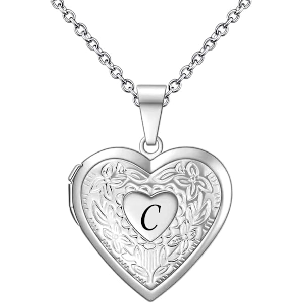 Smycken Brev A-Z Initial Bild Foto Hjärta Medaljong Alfabetet Namn Födelsedag Hänge Halsband för Kvinnor Flickor Rostfritt Stål C