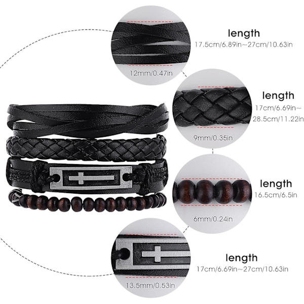 4 stk. Læderarmbåndssæt til Mænd Kvinder, Kors Charm Sort Brun Bredt Armbånd, Vævet Læderarmbånd, Manschet Wrap Armbåndssæt, Elastisk Justerbar