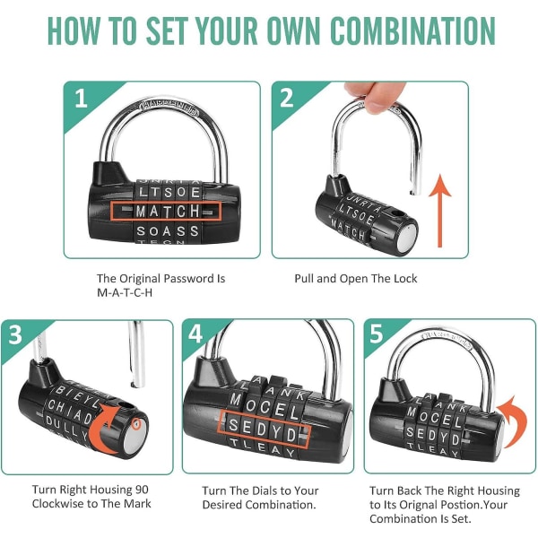 1 Stycke Tunga Sport Skåp Hänglås 5 Bokstäver Kombinationslås Svart