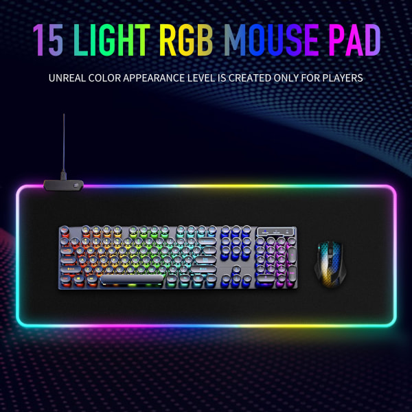 Large RGB Gaming Mouse Pad -15 Light Modes Touch Control Extended Soft Computer Keyboard Mat Non-Slip Rubber Base for Gamer Esports Pros 800X300mm