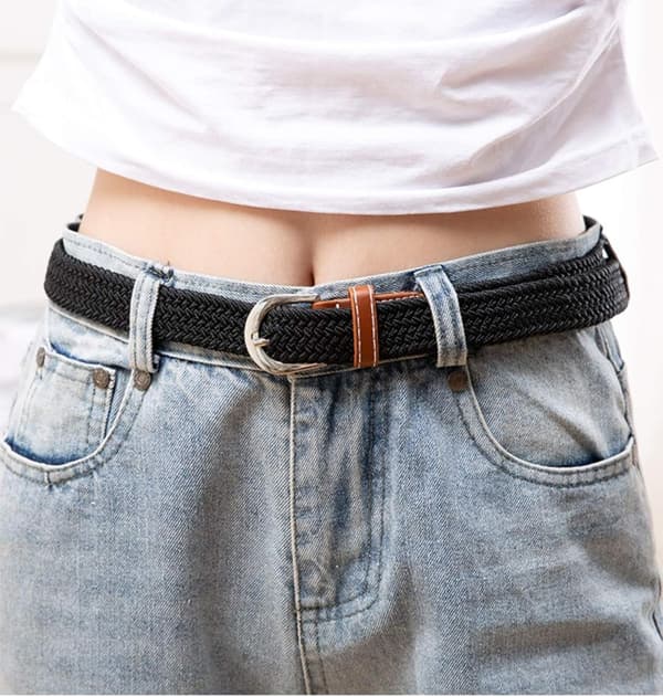 2 stk. strækbare lærreds bælter til kvinder - damebælter til jeans, one size Black+brown