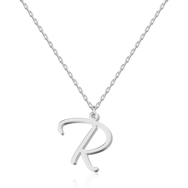 Personligt Halsband med Initial - Handskriven Script Stil Rostfritt Stål Minimalistiskt Smycke - Bleknar Inte & Hypoallergen - Presentpåse Ingår - 16\" R-silver