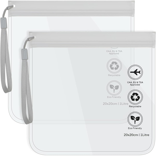 Läpinäkyvä matkatarvikepussi - Lentokentän turvatarkastusnestepussi, lentokentän nestemäinen pussi 20 x 20 cm TSA-hyväksytty, matkatarvikkeet Meikkipussit Loma Essent 2pcs White