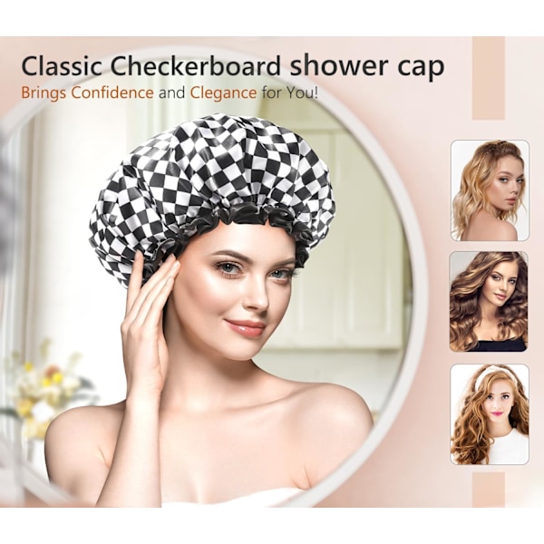 Stor badehætte til kvinder med langt hår, 2 stk., elegant skakbrætdesign, dobbeltlags vandtæt, genanvendelig, vaskbar, lugtfri, X-Large Checkerboard XLarge (Pack of 2)