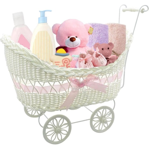 Baby Pram Hamper Wicker Toy Basket med håndtak og hjul - Perfekt gave til baby shower eller nyfødte babyer (rosa) Pink