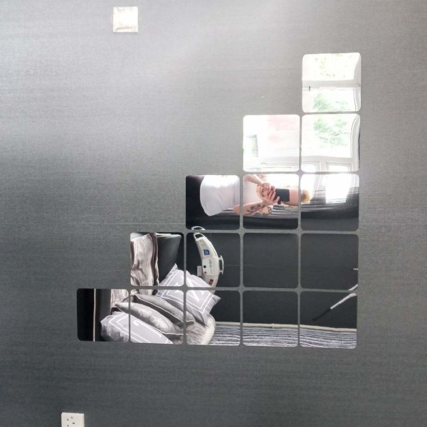 Veggspeilklistremerkesett, 16 STK Selvklebende firkantede dekorative speil Fliser Sølvklistremerke for DIY Home Art Room Dekorfolie (0,2MM 15 x 15cm)