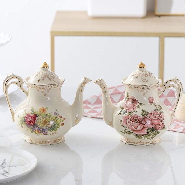 Blomster tekande, 800 ml 4 kop keramisk tekande, vintage blomster med guld blad kant, gave til kvinder Flower 4 Cup