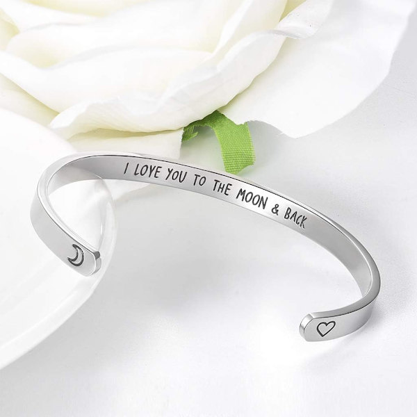 Vänskapsarmband för kvinnor - Inspirerande vänskapspresenter till bästa vän, motiverande manschettarmband för systrar, mamma, lärare, presenter 2I Love you to the moon & backsilver