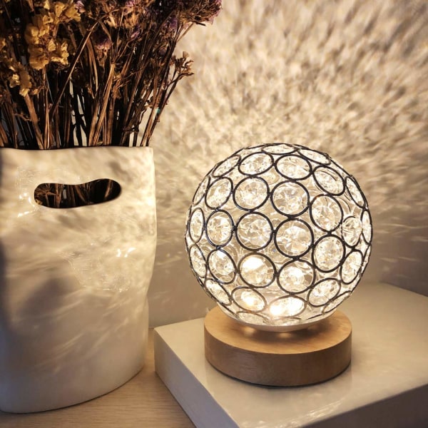 USB Crystal Table Lamp with Silver Crystal Ball and Wooden Base, Bedside Lamp, Modern Dimmable Night Light for Bedroom, Living Room, Office