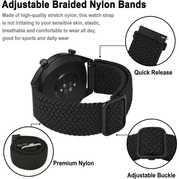 Nylon Urrem til Ure, Justerbare Flettede Loop-remme til Mænd og Kvinder, 16mm 18mm 19mm 20mm 22mm 24mm til Valg Black / Black Buckle 16mm