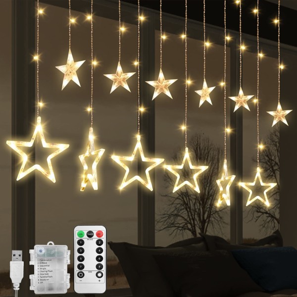 LED Stars Gardinlys, Gardinlys med 8 blinkende tilstande Dekoration til jul, bryllup, fest, væg, USB/batteridrevet (varm hvid)