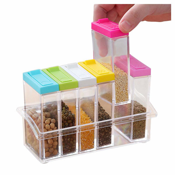 Transparent plast kryddburk set om 6, kryddburkar kryddförvaring behållare för salt socker och peppar praktisk design
