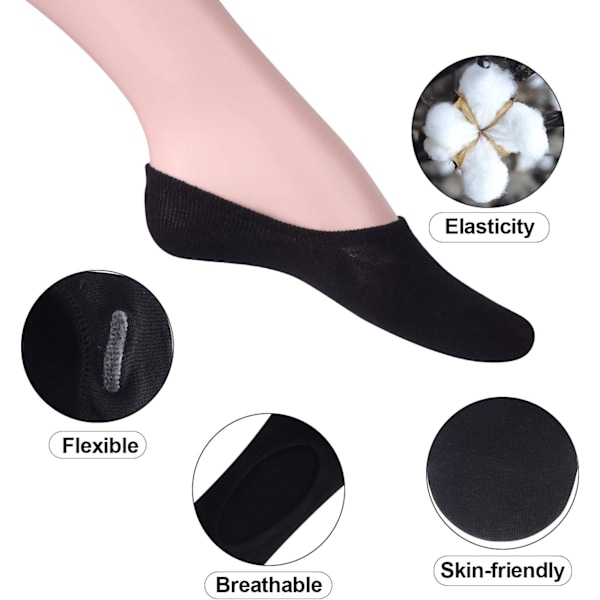 6 Par Bomulls Sokker Uten Synlig Kant for Kvinner, Sklisikre, Ekstra Lave, Uformelle Sokker, Kvinners Sokker Uten Synlig Kant for Sneakers og Loafers Black 45329