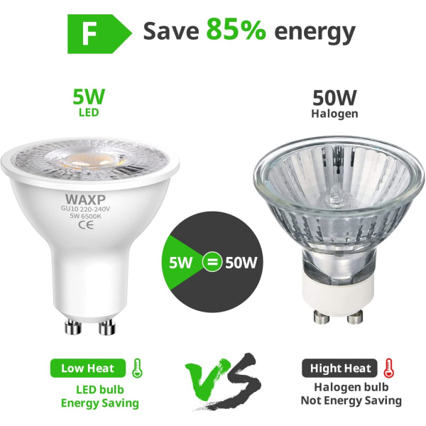 LED-spotlightpære 5W, kald hvit, 6500K, 365lm, flimmerfri, energisparende LED-pære, tilsvarende 40-50W GU10 halogen-spotlightpære 10-pakning Cool White