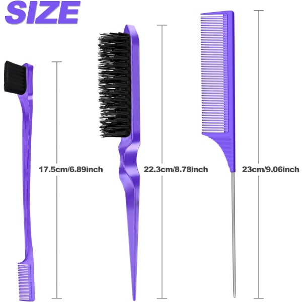 3 stk Slick Brush Set, Hårbørste Kamsett, Rottehale Kam, Dobbeltsidig Kantbørste, Plastbust Hårbørste Teasing Kam Kant Hårbørste, for H Purple