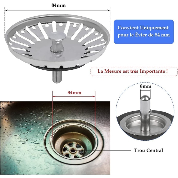 2 kpl ruostumattomasta teräksestä valmistettu tiskialtaan tulppa, universal keittiön tiskialtaan suodatin 84 mm keittiön siivilä ruostumattomasta teräksestä valmistettu tiskialtaan ristikko keittiöön ja kylpyhuoneeseen