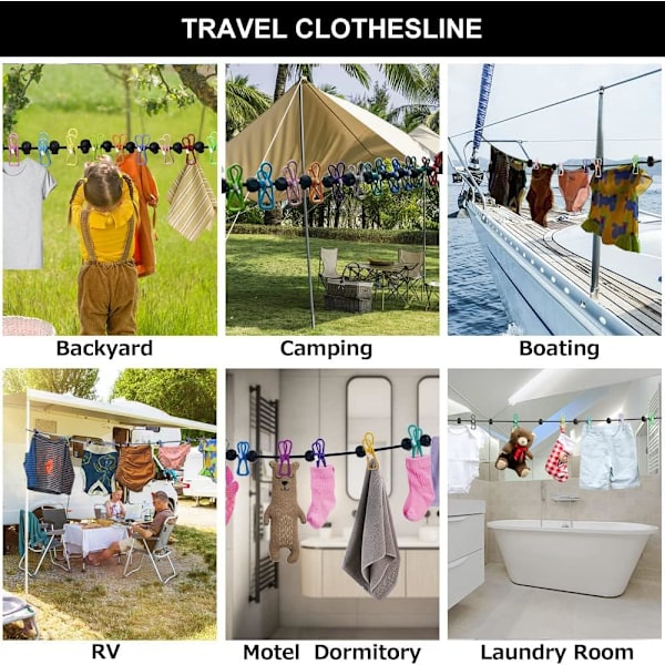 le Clothesline, Retractable Clothesline for Travel,Clothing line with 12 Clothes Clips,for Indoor Laundry Drying line,Outdoor Camping Accessories (c Multicolor colorful
