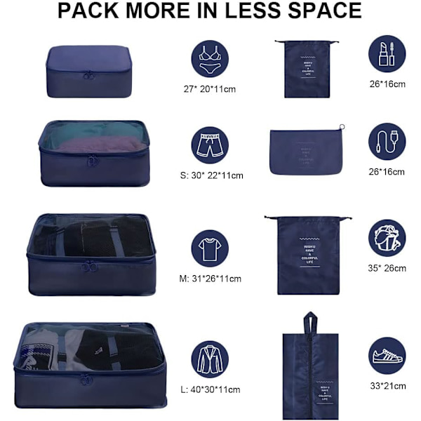 Hopfällbara vattentäta packningskuber, 8 st researrangör packpåsar resebagage packningsorganisatörer med skopåse för kläder resväska sko Navy Blue S