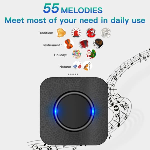 Wireless Doorbell, Cordless Doorbell with Long Range, Wall Socket, Battery Powered Button