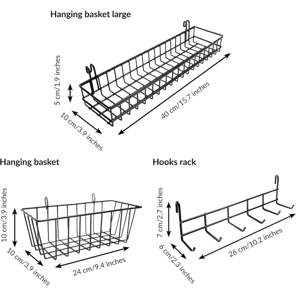 Hengende kurver og kroker | Vegggittertilbehør for trådvegggitterpanel | Grid Panel Tilbehør | Trådveggkurver og hengekroker | Rutenett W Black Accessories set 1
