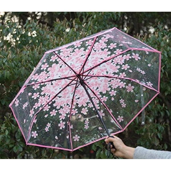 Hyresbart Fällbart Parasoll Körsbärsblommor Transparent Parasoll Genomskinligt Regn Fällbart Parasoll för Kvinnor Barn Flickor Lätt Vindtåligt Kompakt Parasoll Pink