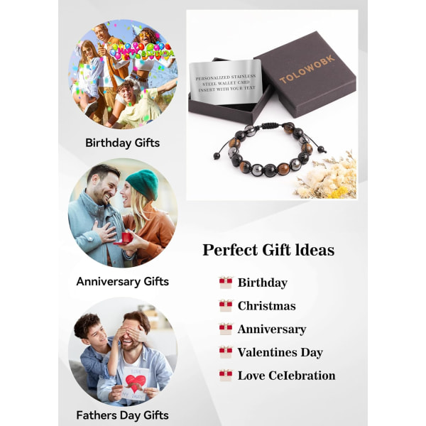 Herrearmbånd Gaver til Ham Tigers Eye Armbånd Personlig Triple Protection Perlearmbånd til Mænd Fars Dag Graduering Fødselsdagsgaver Singlecustom text