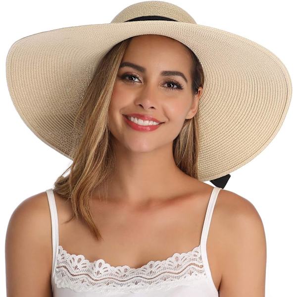 Damhatt i Halm med Bred Brätte, Vikbar, Rullbar, Strandhatt, Solhatt, UPF 50+ Bowknotkhaki