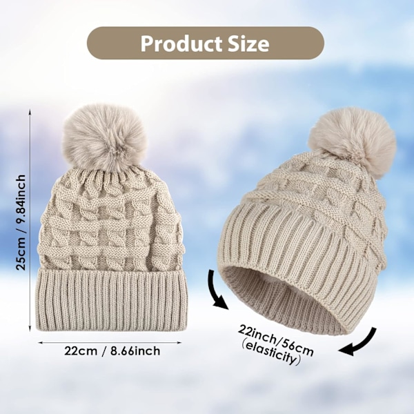 Naisten pipo, talvipipo, lämpövillavuorattu pipo, naisten neulotut villapipo, keinotekoisen turkisen pompon kanssa BEIgE One size