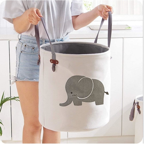 Förvaringskorgar, Bomull Vikbar Rund Hem Organizer Bin för Baby Nursery, Leksaker, Tvätt, Babykläder, Presentkorgar (Elefant) (Grå) Grey
