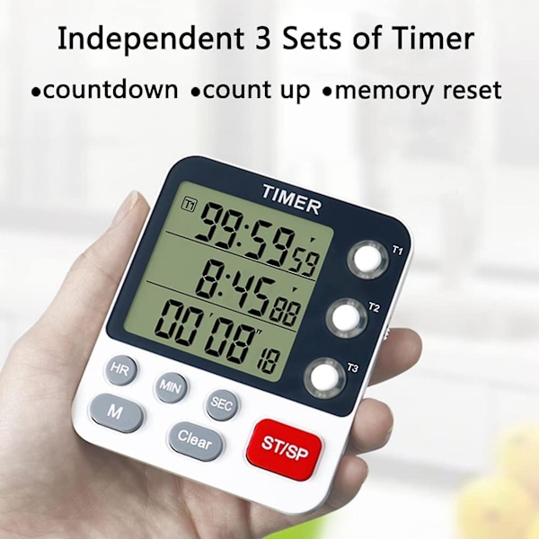 Digital dubbel kökstimer, 3 kanaler räkna upp/ner timer, matlagningstimer, display, hög volym larm