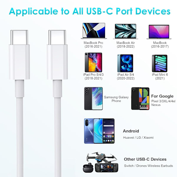 til USB C, 2-pakning 1+1,8M USB C ladekabel 100W 5A USBC kabel hurtiglading for iPhone 15 15 Plus 15 Pro 15 Pro Max, MacBook Pro Air, iPad Pro Air, 2P 1M1.8M