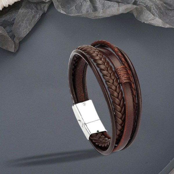 Flätat armband i PU-läder för män, brunt och silverfärgat